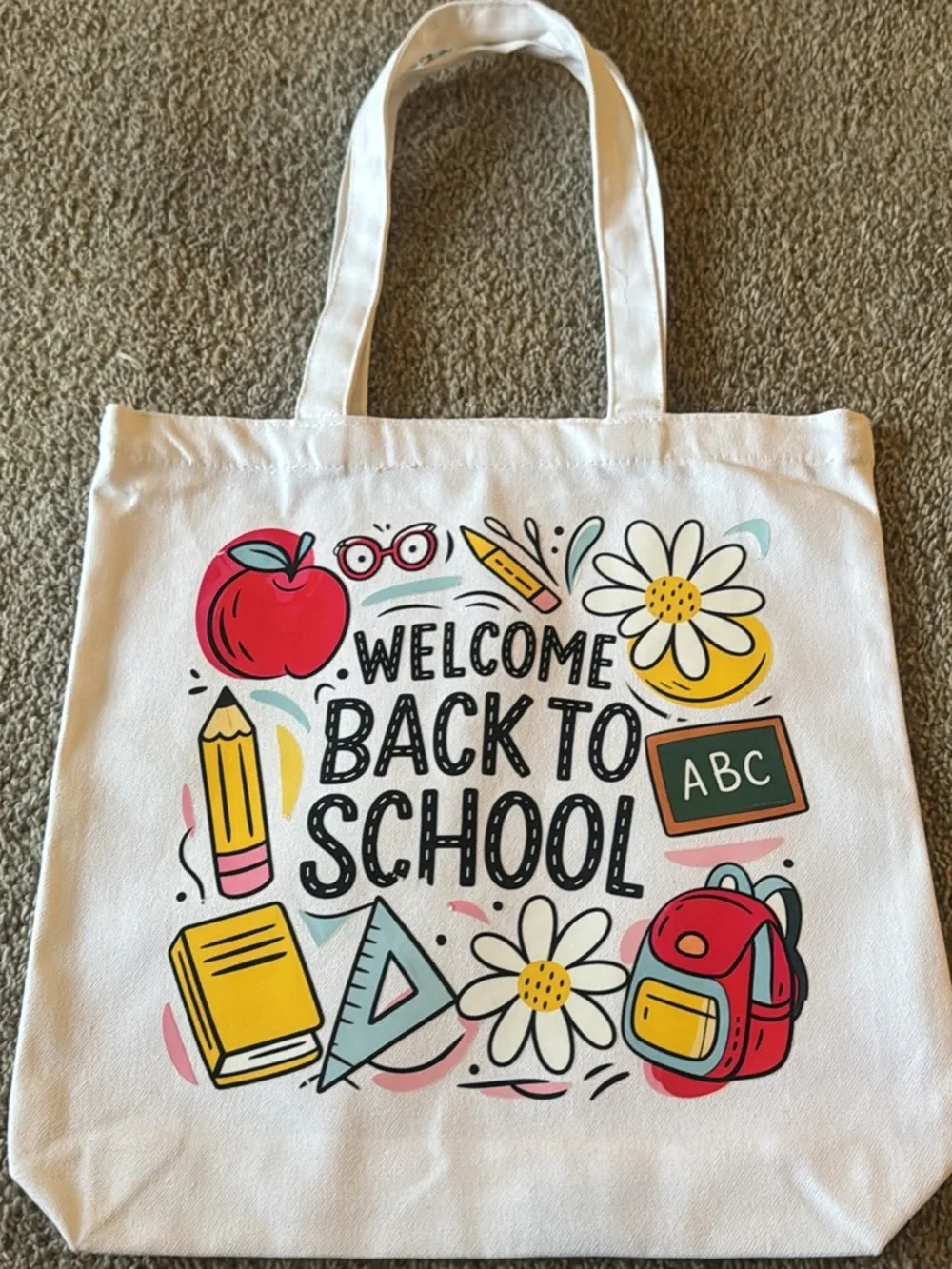 Welcome Back to School Kids Tote Bag - White with Red & Yellow School Icons